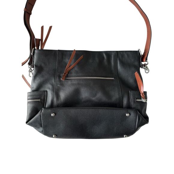 Bostanten LG Black Leather Shoulder Tote Bag Purse Zip Pockets Adjustable Strap - Picture 6 of 13